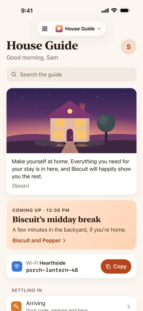Ovenlight showing a House Guide app with a welcome note, a Wi-Fi card and settling-in tips