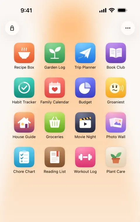 The Ovenlight launcher on an iPhone: homemade web apps such as Recipe Box, Garden Log and Trip Planner, each with its own icon, in warm light.